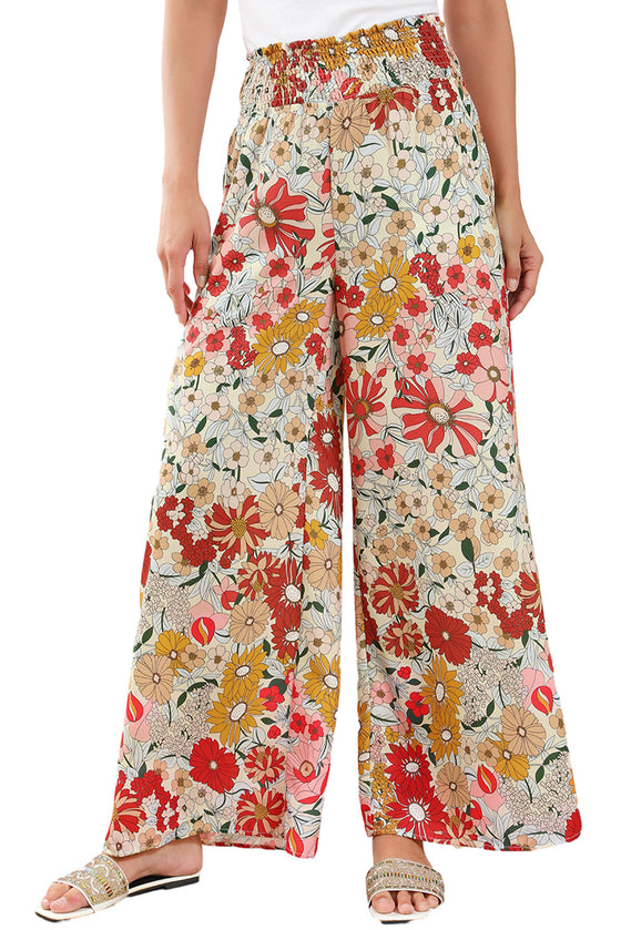 PACK7712339-P1015-1, Oatmeal Boho Floral Smocked Waist Super Loose Pants