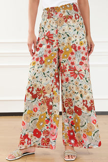  PACK7712339-P1015-1, Oatmeal Boho Floral Smocked Waist Super Loose Pants