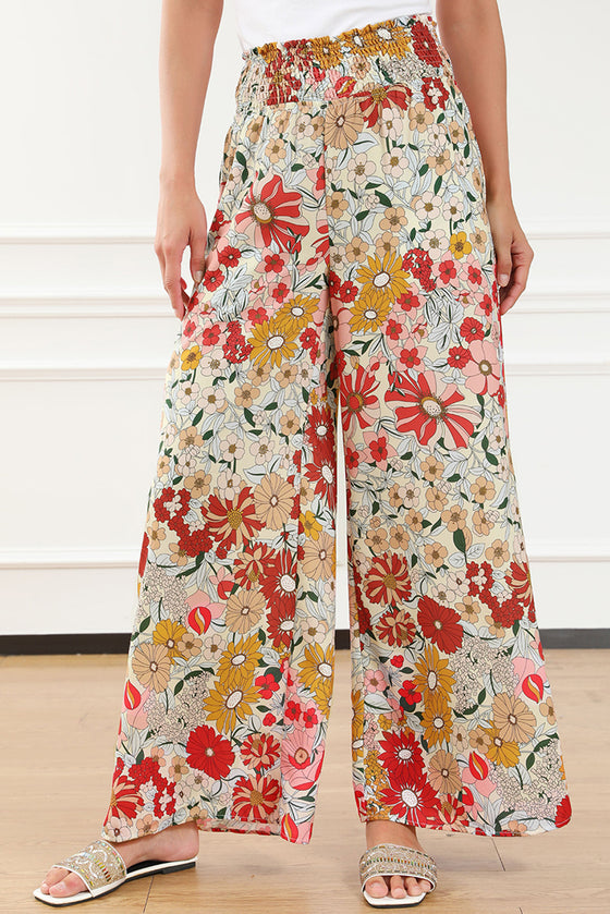 PACK7712339-P1015-1, Oatmeal Boho Floral Smocked Waist Super Loose Pants