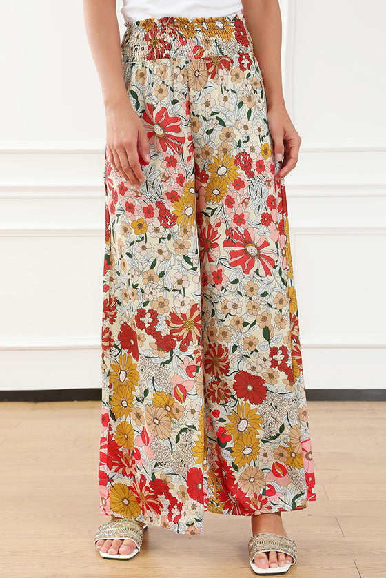 PACK7712339-P1015-1, Oatmeal Boho Floral Smocked Waist Super Loose Pants