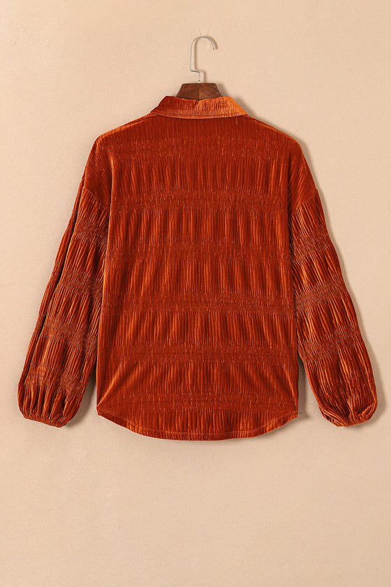 PACK2553512-17-1, Brown Solid Color Textured Velvet Button Up Shirt