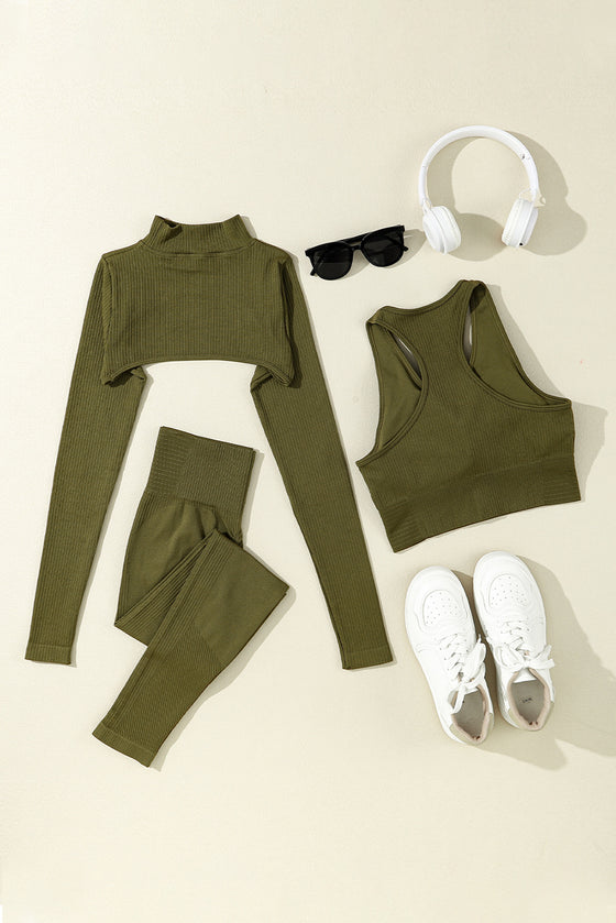 LC264430-9-S, LC264430-9-M, LC264430-9-L, PACK264430-9-1, Green  Mock Neck Cropped High Waist Three Piece Yoga Set