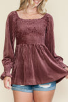 PACK25123661-10-1, Pink Smocked Ribbed Velvet Babydoll Top