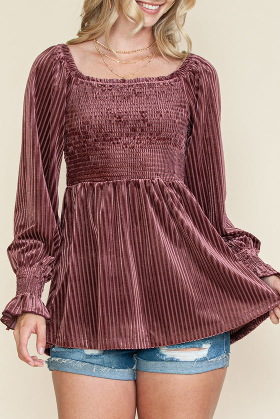 PACK25123661-10-1, Pink Smocked Ribbed Velvet Babydoll Top