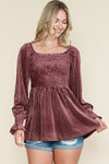 PACK25123661-10-1, Pink Smocked Ribbed Velvet Babydoll Top