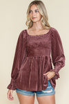 PACK25123661-10-1, Pink Smocked Ribbed Velvet Babydoll Top