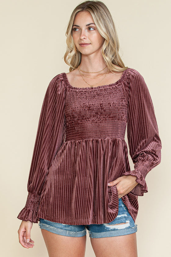 PACK25123661-10-1, Pink Smocked Ribbed Velvet Babydoll Top