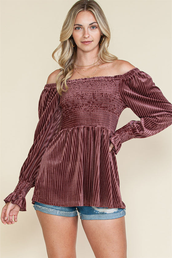 PACK25123661-10-1, Pink Smocked Ribbed Velvet Babydoll Top