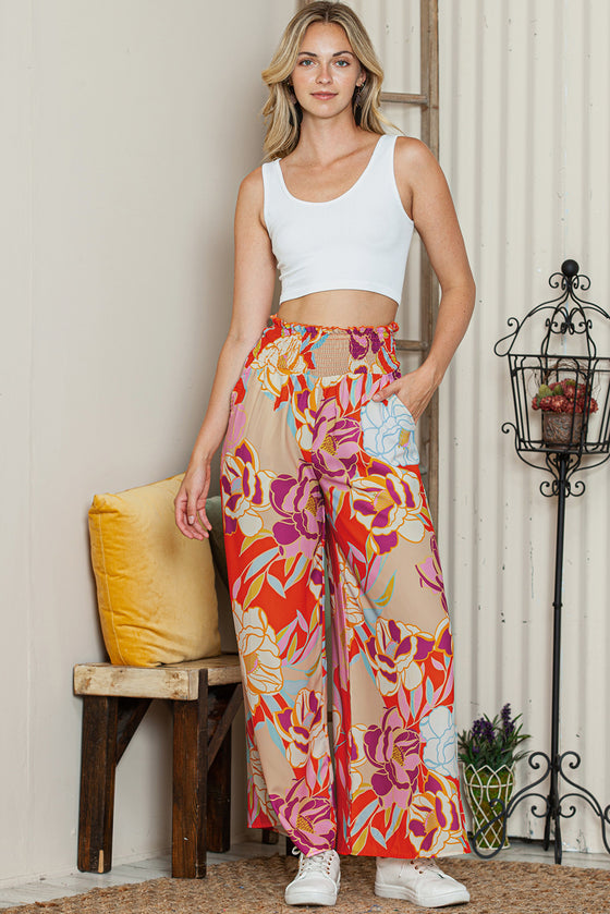 PACK7712340-P1015-1, Oatmeal Boho Floral Smocked Waist Super Loose Pants