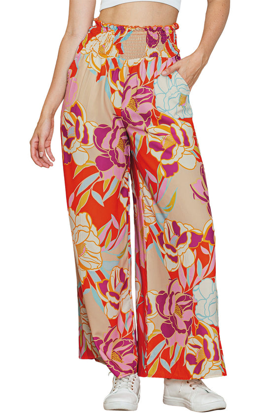 PACK7712340-P1015-1, Oatmeal Boho Floral Smocked Waist Super Loose Pants