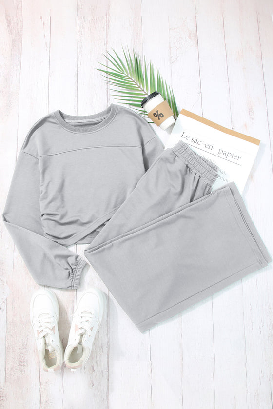 PACK2611557-P1011-1, Light Grey Solid Criss Cross Crop Top and Pants Active Set