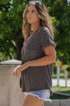PACK25223518-P4011-2, Carbon Grey Twist Short Sleeve Corded V Neck Top