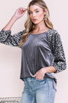 PACK25124361-P3011-1, Medium Grey Leopard Splicing Lantern Sleeve Velvet Blouse
