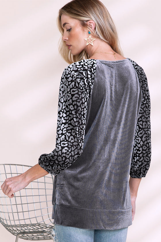 PACK25124361-P3011-1, Medium Grey Leopard Splicing Lantern Sleeve Velvet Blouse