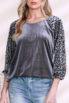 PACK25124361-P3011-1, Medium Grey Leopard Splicing Lantern Sleeve Velvet Blouse