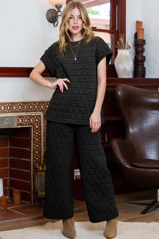 PACK625346-P2-1, Black Quilted Short Sleeve Wide Leg Pants Set
