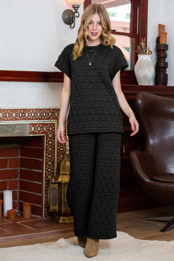 PACK625346-P2-1, Black Quilted Short Sleeve Wide Leg Pants Set