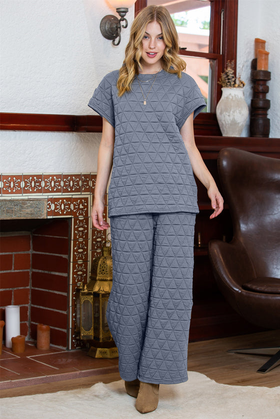 PACK625346-P705-2, Real Teal Quilted Short Sleeve Wide Leg Pants Set