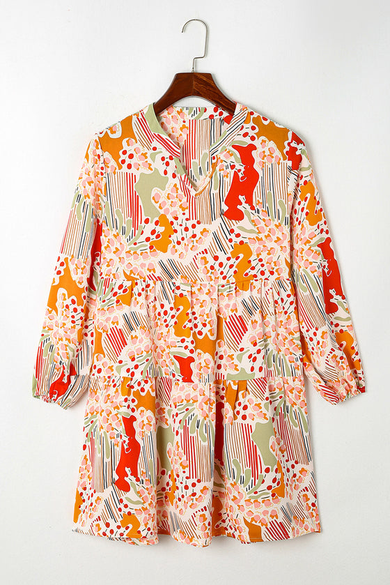 PACK6118198-P22-1, Multicolour Split Neck Puff Sleeve Flowy Printed Dress