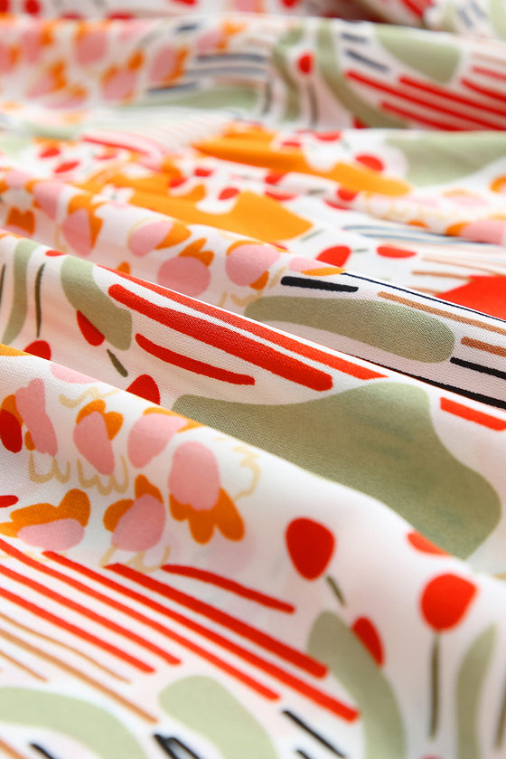 PACK6118198-P22-1, Multicolour Split Neck Puff Sleeve Flowy Printed Dress