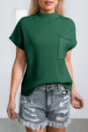 PACK2724250-P309-2, Blackish Green Patch Pocket Ribbed Knit Short Sleeve Sweater