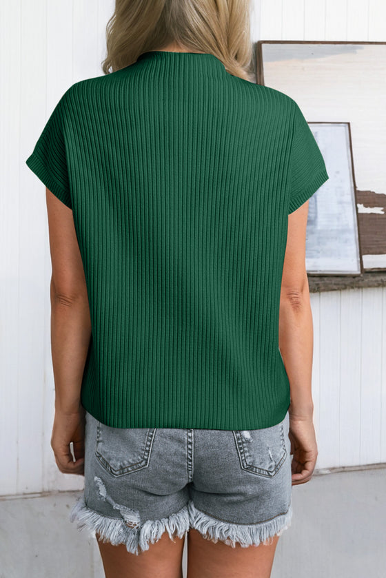 PACK2724250-P309-2, Blackish Green Patch Pocket Ribbed Knit Short Sleeve Sweater