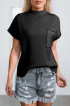 PACK2724250-P2-2, Black Patch Pocket Ribbed Knit Short Sleeve Sweater