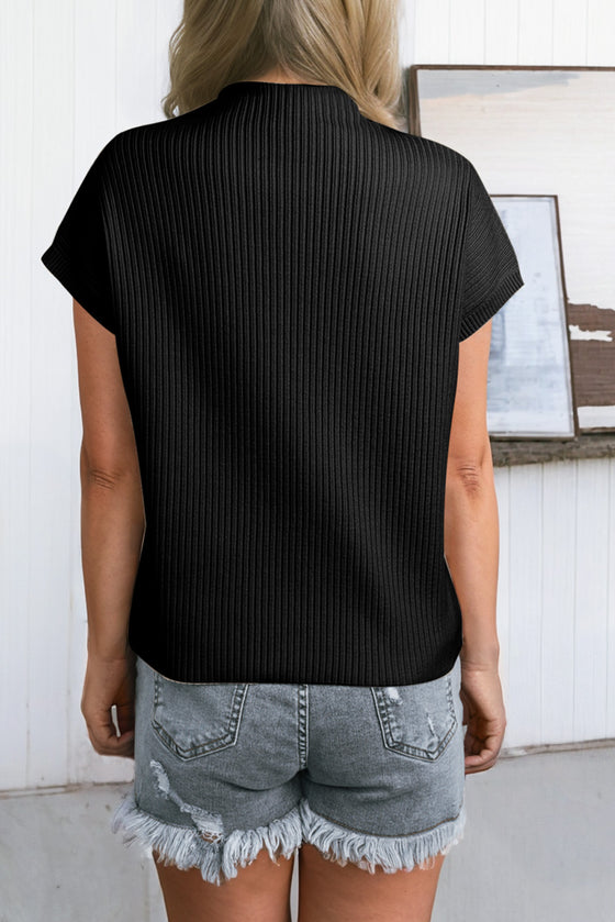 PACK2724250-P2-2, Black Patch Pocket Ribbed Knit Short Sleeve Sweater