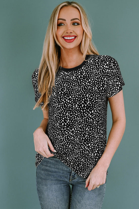 PACK25218993-2-2, Black Cheetah Print O-neck Short Sleeve T Shirt