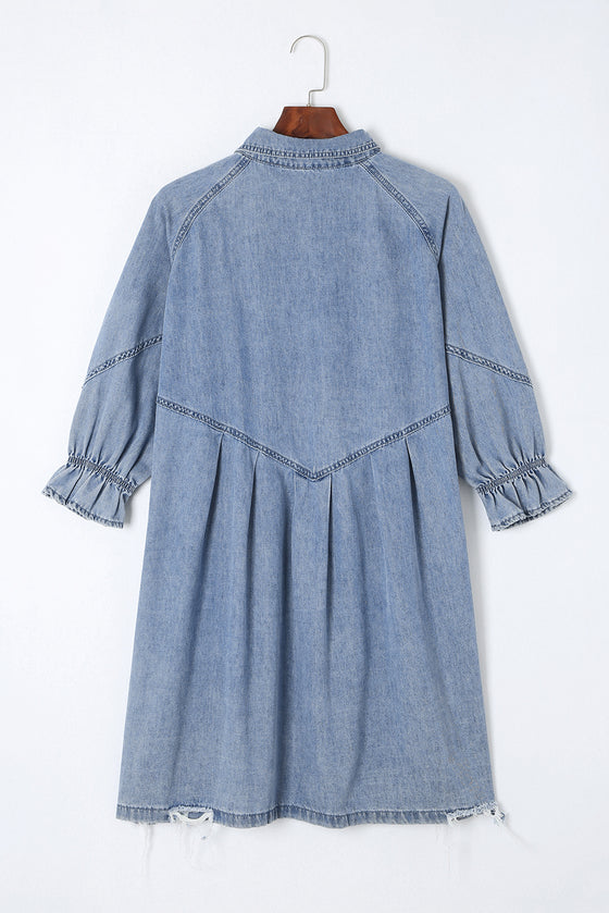 PACK786324-4-1, Sky Blue Buttoned Long Sleeve Denim Mini Dress