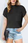 PACK2724250-P2-2, Black Patch Pocket Ribbed Knit Short Sleeve Sweater