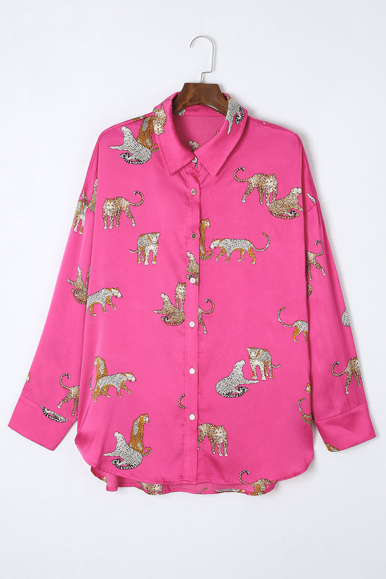 PACK2554199-P6-1, Rose Red Cheetah Animal Print Button Up Satin Shirt