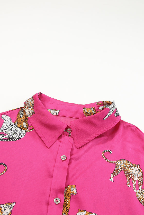 PACK2554199-P6-1, Rose Red Cheetah Animal Print Button Up Satin Shirt
