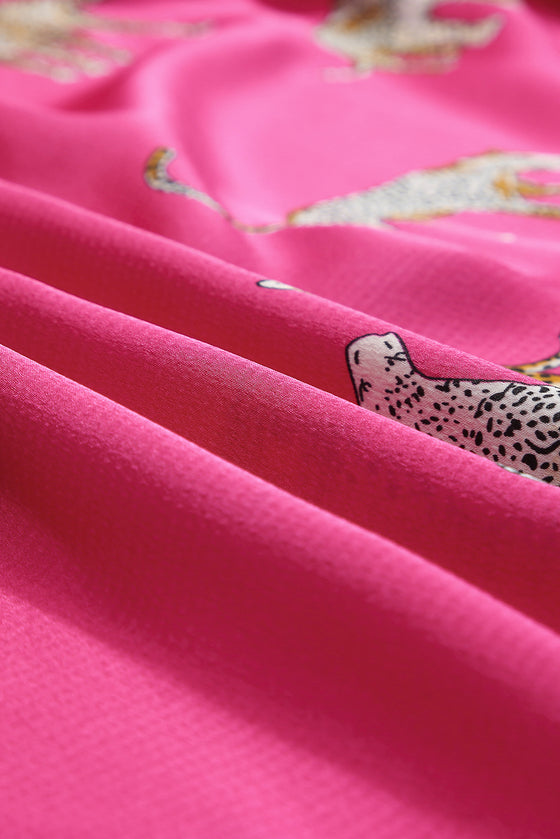 PACK2554199-P6-1, Rose Red Cheetah Animal Print Button Up Satin Shirt