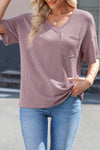 PACK25223174-P308-2, Valerian Corded V Neck Chest Pocket Loose T-shirt