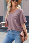 PACK25223174-P308-2, Valerian Corded V Neck Chest Pocket Loose T-shirt