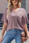 PACK25223174-P308-2, Valerian Corded V Neck Chest Pocket Loose T-shirt
