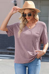 PACK25223174-P308-2, Valerian Corded V Neck Chest Pocket Loose T-shirt