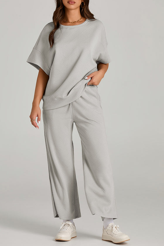 LC625264-11-S, LC625264-11-M, LC625264-11-L, LC625264-11-XL, LC625264-11-2XL, PACK625264-11-1, Gray  Textured Loose Fit T Shirt And Drawstring Pants Set