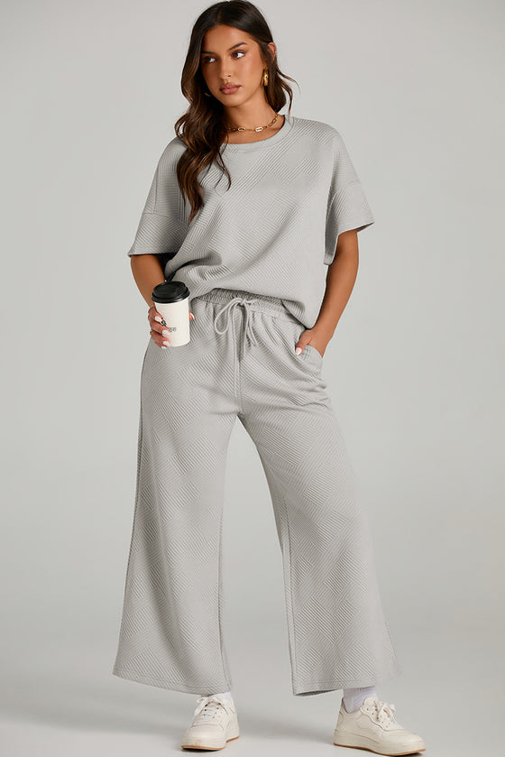 LC625264-11-S, LC625264-11-M, LC625264-11-L, LC625264-11-XL, LC625264-11-2XL, PACK625264-11-1, Gray  Textured Loose Fit T Shirt And Drawstring Pants Set