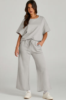  LC625264-11-S, LC625264-11-M, LC625264-11-L, LC625264-11-XL, LC625264-11-2XL, PACK625264-11-1, Gray  Textured Loose Fit T Shirt And Drawstring Pants Set