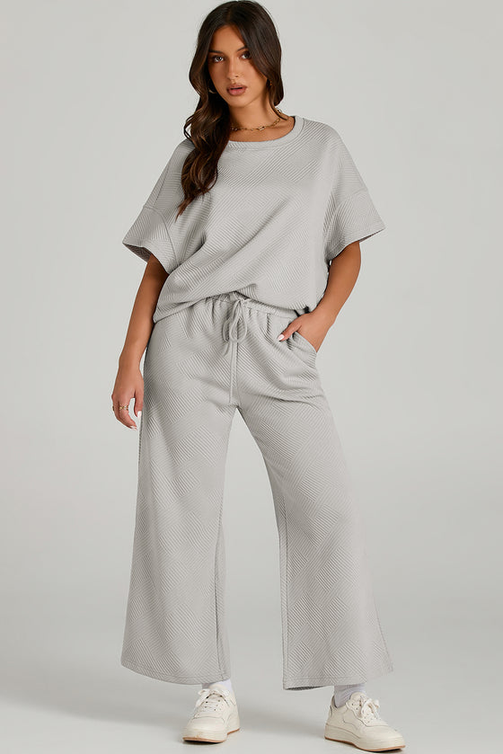 LC625264-11-S, LC625264-11-M, LC625264-11-L, LC625264-11-XL, LC625264-11-2XL, PACK625264-11-1, Gray  Textured Loose Fit T Shirt And Drawstring Pants Set