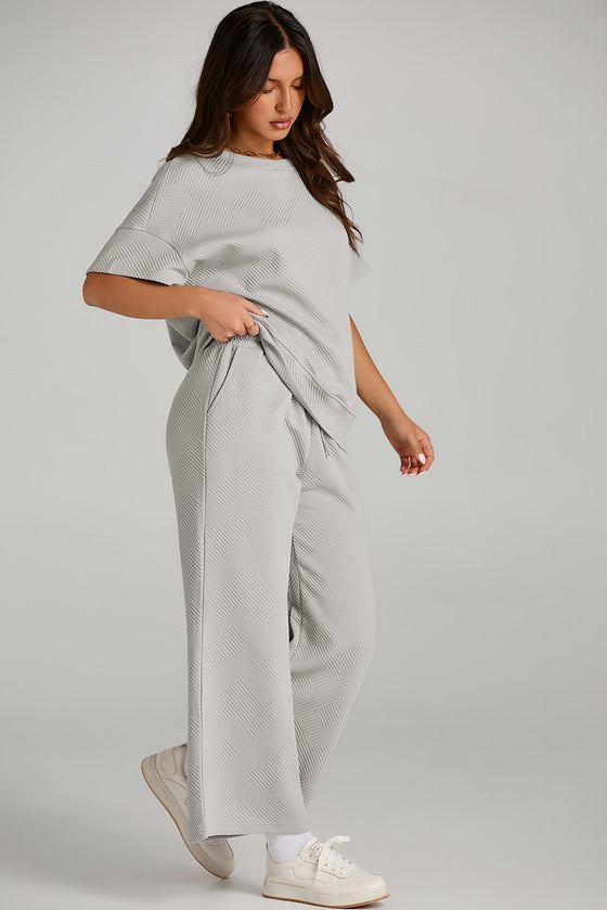 LC625264-11-S, LC625264-11-M, LC625264-11-L, LC625264-11-XL, LC625264-11-2XL, PACK625264-11-1, Gray  Textured Loose Fit T Shirt And Drawstring Pants Set