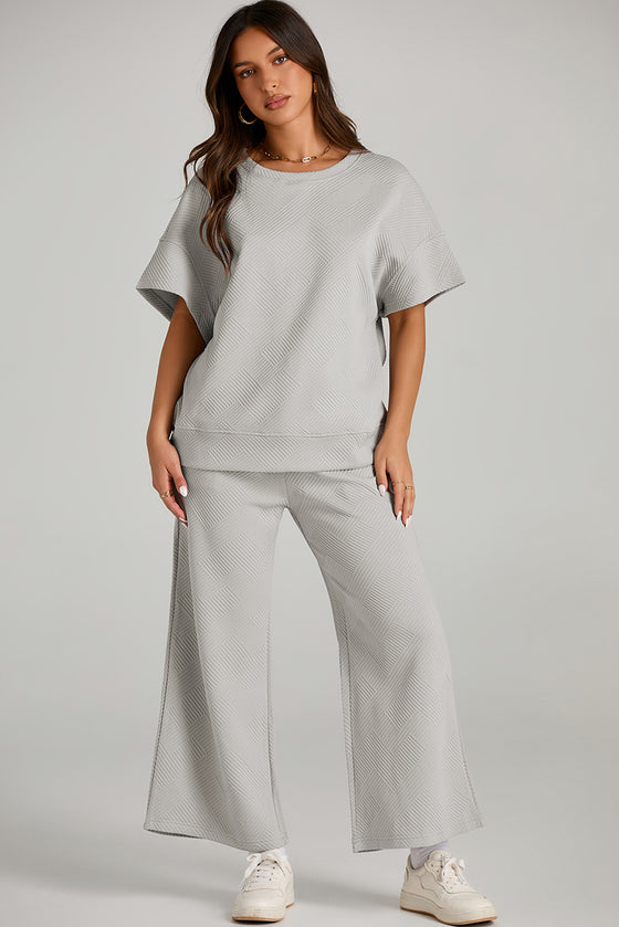 LC625264-11-S, LC625264-11-M, LC625264-11-L, LC625264-11-XL, LC625264-11-2XL, PACK625264-11-1, Gray  Textured Loose Fit T Shirt And Drawstring Pants Set