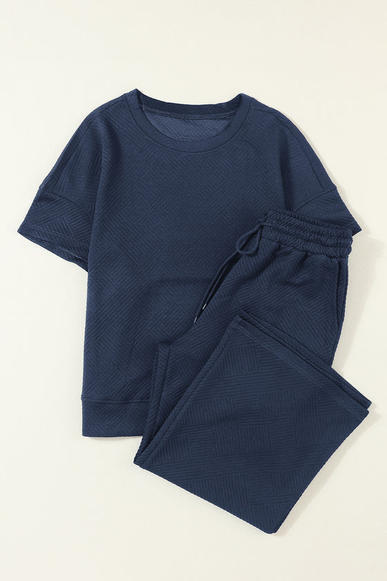 PACK625264-P605-1, PACK625264-P605-2, Navy Blue Textured Loose Fit T Shirt And Drawstring Pants Set