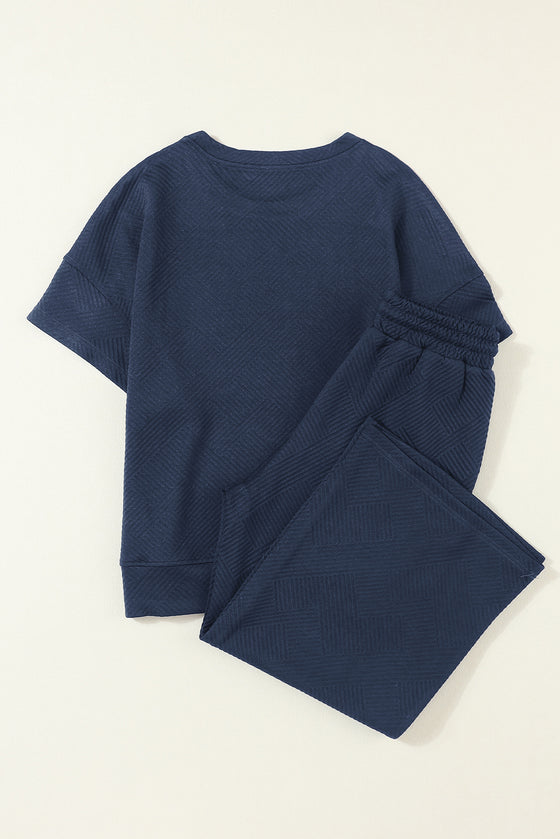 PACK625264-P605-1, PACK625264-P605-2, Navy Blue Textured Loose Fit T Shirt And Drawstring Pants Set