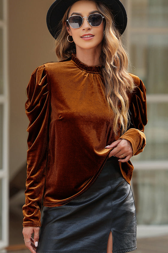 PACK25124200-P2017-1, Chestnut Frilled Collar Puff Sleeve Velvet Top