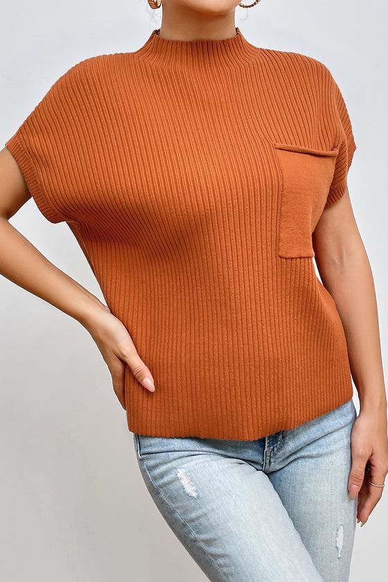 PACK2724250-P5014-1, Gold Flame Patch Pocket Ribbed Knit Short Sleeve Sweater