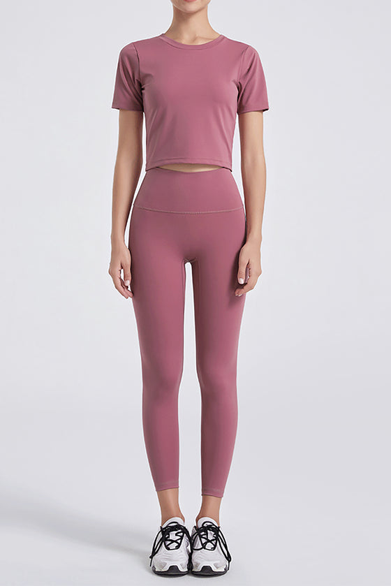 LC265399-P5010-S, LC265399-P5010-M, LC265399-P5010-L, LC265399-P5010-XL, LC265399-P5010-2XL, Rose Pink Solid Color Seamless High Waist Yoga Leggings