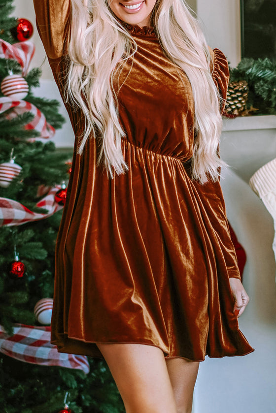 PACK6118342-P2017-1, Chestnut Velvet Frilled Neck Gigot Sleeve Swing Dress